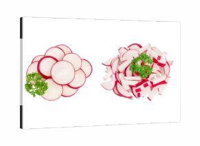 Radish slices isolated on white background. Top view. Flat lay