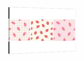 Set of seamless modern summer colorful berry patterns with small pink and red strawberries on white, checkered and striped background  simple cute hand-drawn vector illustration, drawing, flat style