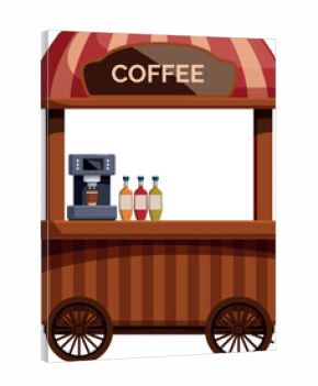 Wooden street food cart serving coffee, with coffee machine and syrups