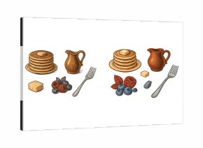 Delicious stack of pancakes served with butter, syrup, and fresh berries on a breakfast table