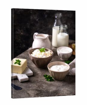 Dairy products. Milk, cottage cheese, cream, butter and yogurt
