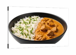Chicken tikka masala with rice in a bowl, isolated on transparent background