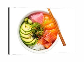 PNG Sashimi Rice Bowl chopsticks seafood meal.