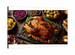 Deliciously roasted turkey surrounded by an exquisite array of vibrant side dishes, perfect for festive gatherings.