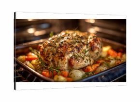 Juicy turkey garnished with roasted carrots, onions, and herbs being taken out of oven, shimmering steam rising into soft kitchen light, family feast anticipation