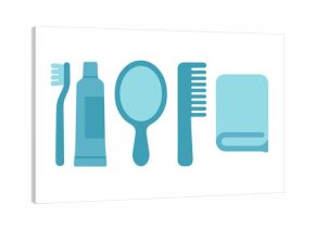 Everyday bathroom essentials including toothbrush, toothpaste, mirror, comb, and towel