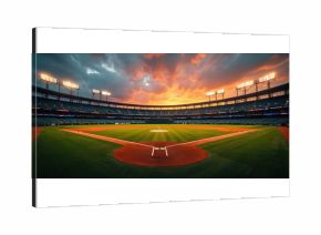 Empty baseball stadium at sunset. Field is green and well lit by stadium lights. Sky is colorful. Seats are unoccupied. Nobody present. Arena awaits game.