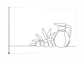 Single one line drawing olive oil in a glass jug and around the glass there are olives and leaves. The best quality olive oil. Cosmetic. National Olive Day. Continuous line design graphic illustration