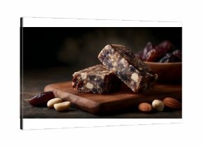 Two healthy energy bars made with nuts and dates are placed on a wooden board with scattered ingredients