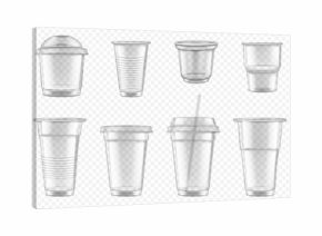 Transparent cup. Clear plastic mockup. Disposable coffee container. Empty soda drink glass with lid. Cocktail and milkshake tableware. Tableware mug. Vector realistic mock up objects set