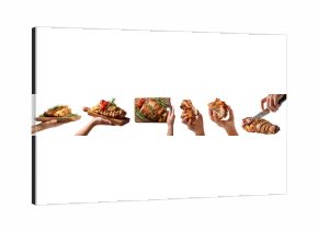 Set of hand holding grilled roasted turkey chicken thigh breast meat, wooden serving board, knife slice torn, isolated transparent cutout PNG. Many different style. Mockup for design