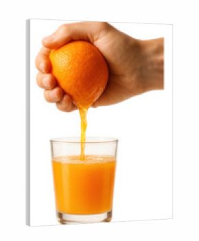 Hand squeezing ripe orange, pouring juice into a glass.