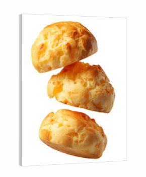 Stack of Brazilian cheesy bread balls with golden crust and holes, isolated on white transparent background, concept of Brazil Pao de Queijo food
