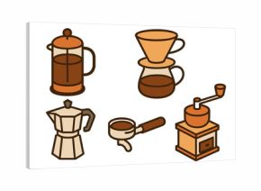Collection of essential coffee brewing equipment including French press, pour over, Moka pot, and grinder