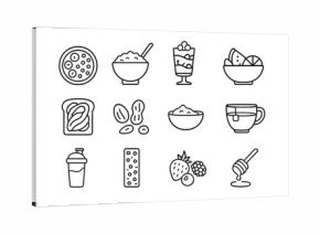 Healthy Breakfast Icons. Healthy Breakfast Items. Line icon set of Healthy Breakfast Items: smoothie bowl, oatmeal, yogurt parfait, fruit salad, avocado toast,