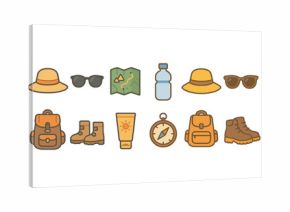 Camping gear icons set – linear, outline, hiking and adventure graphics