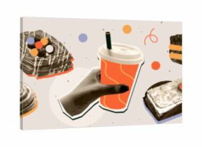 Trendy halftone collage. Sticker pack with realistic desserts, cakes, sweet pastries, and coffee cups with grainy texture. Vintage elements. Flat vector illustration collection isolated on background