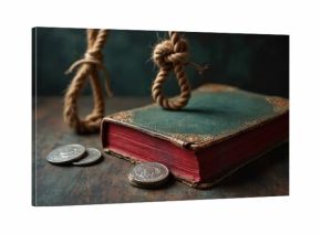 Religious book with red pages, noose, and coins represents Judas betrayal of Jesus. Symbolizes sin, greed, and spiritual downfall. Justice, consequence, sacrifice, faith.