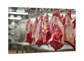 The beef carcasses hanging in an industrial refrigerated meat processing plant under fluorescent lights