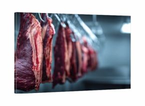 The Hanging Beef Carcasses in an Industrial Cold Room Meat Processing Facility