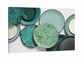 Set of green plates on white background