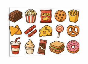 Assorted cartoon snacks with chips, chocolate, and pretzel on white background