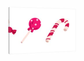 Sweets set. Swirl lollipop, lolly on stick, caramels in wrapper, bonbons, candy cane. Sugar snacks, confections. Assorted confectionery. Flat vector illustration isolated on white background