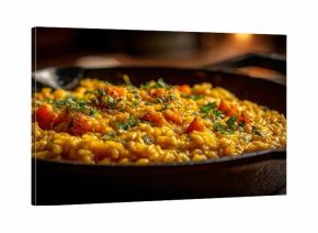 A pumpkin risotto served in cast-iron pan, cozy kitchen lighting