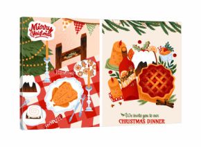 Cozy Christmas dinner vector illustration with festive food, turkey, mulled wine, pie, table setting, gingerbread making, cooking, eggnog, dessert for greeting card, invitation, poster and background 