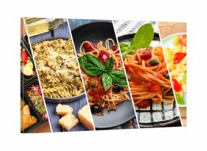 Collage of traditional Italian pasta dishes with cheese and vegetables, closeup