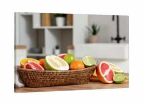 Basket with tasty citrus fruits on table in kitchen, closeup