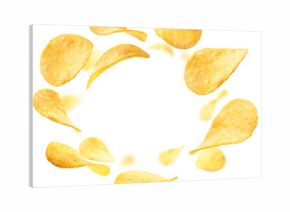 Potato chips levitate on a white background