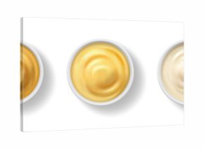 Bowls with seasonings and dip sauces for dishes and meal. Vector isolated realistic icon set of tasty mustard and garlic flavor, mayonnaise or spicy delicious dressings for salads. Snacks addition