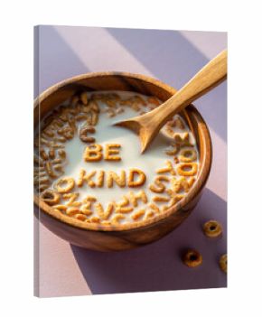“Be Kind” Cereal Letters in Milk Bowl on Warm Brown Background