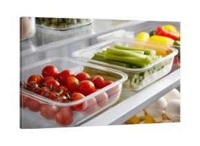 Organized Refrigerator with Fresh Produce in Clear Containers for Healthy Eating and Meal Prep