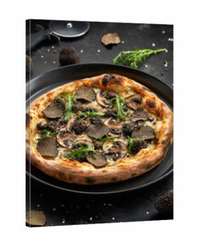 Truffle Mushroom Pizza with Herbs on Black Surface