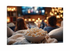 Cozy family movie night scene with a bowl of popcorn in focus, soft blankets, warm candlelight, and a glowing Christmas tree creating a relaxed holiday atmosphere.