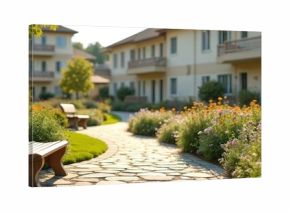 Exterior view of retirement community building with benches and garden. Stone path leads through flowers green lawn. Senior living complex residence for elderly people in a quiet neighborhood.