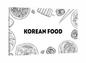 Korean food vector drawing frame. Hand drawn top view Korean food dishes vector sketch illustration. Bulgogi, mandu, kimbap, japchae, jjigae, tteokbokki, kimchi, nakji bokkeum, pajeon