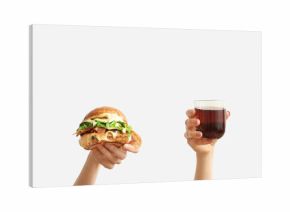 Female hands with tasty burger, french fries and glasses of cola on white background