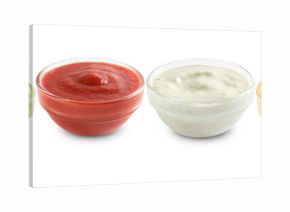 Different condiments. Sauces in bowls isolated on white, set