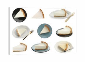 Pieces of tasty cheesecake isolated on white, set