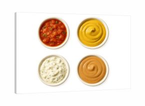 Assorted dipping sauces in white bowls top view isolated on clear transparent