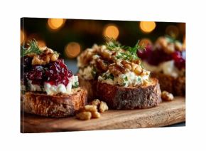 Festive holiday crostini with soft cheese, cranberry jam and walnuts. Rustic style, seasonal appetizer.