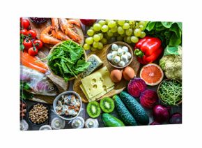 Food products representing the pescetarian diet