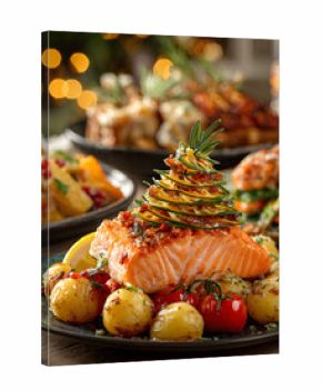 Weihnachtsessen mit Lachs Vorspeise in Tannenform