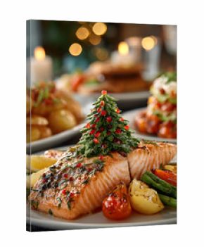 Weihnachtsessen mit Lachs Vorspeise in Tannenform