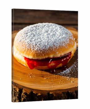 Powdered Sugar Jelly Donut Cut Open on Rustic Wooden Board