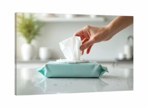 Hand takes white wipe from blue pack on kitchen counter. Clean surface reflects light. Convenience, hygiene, sanitation product for home use.