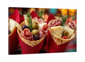 Gourmet charcuterie cones filled with assorted cheeses, olives, cured meats and rosemary sprigs, wrapped in elegant red paper, served at a holiday market.